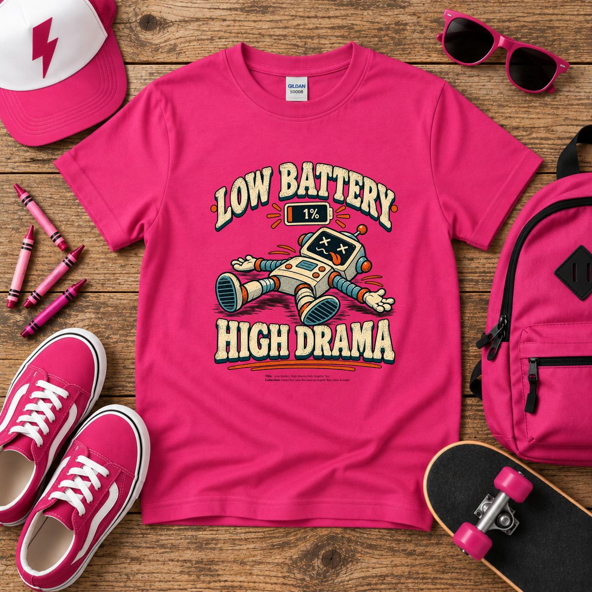 Kids Graphic Tee Funny Retro Robot T-Shirt. "Low Battery High Drama"