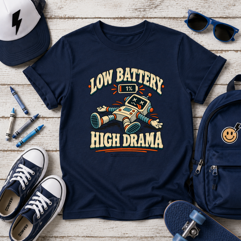 Kids Graphic Tee Funny Retro Robot T-Shirt. "Low Battery High Drama"