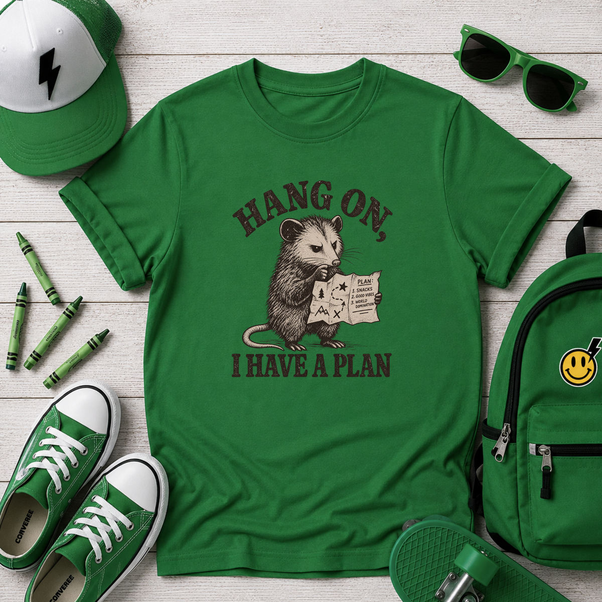 Kids Funny Graphic Vintage Opossum T-Shirt "Hang On I Have a Plan"