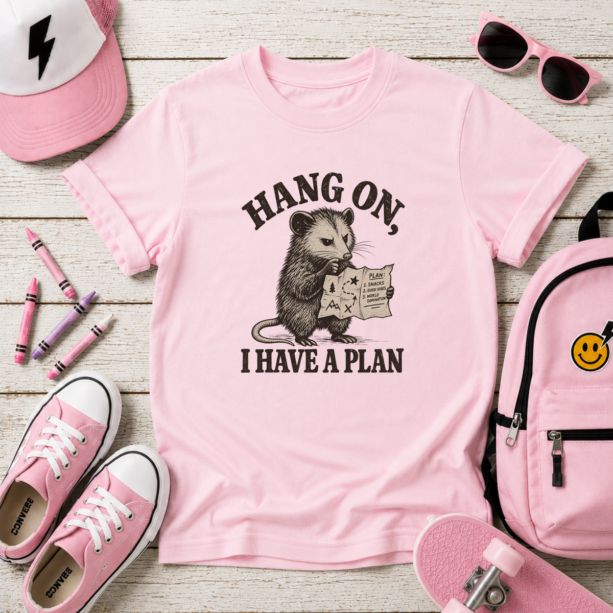 Kids Funny Graphic Vintage Opossum T-Shirt "Hang On I Have a Plan"