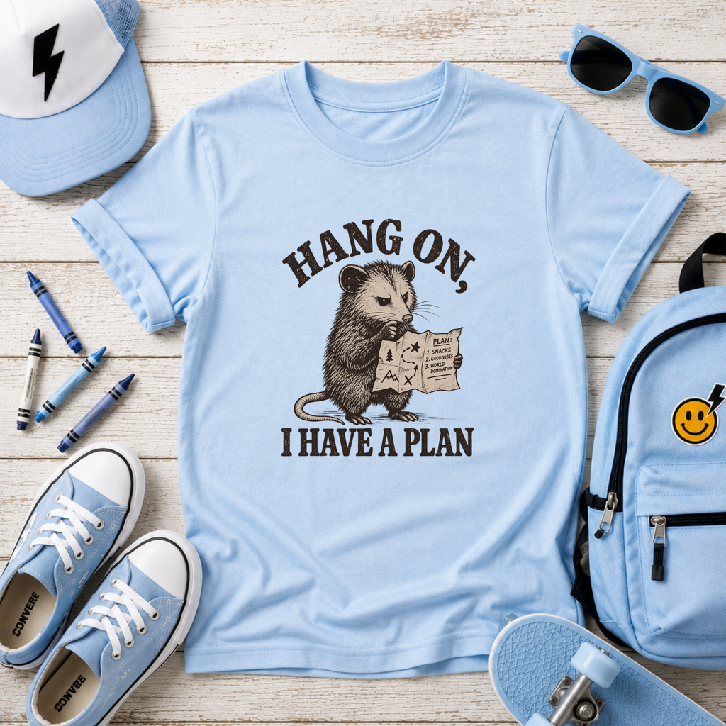 Kids Funny Graphic Vintage Opossum T-Shirt "Hang On I Have a Plan"