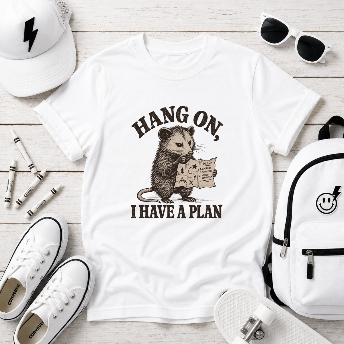 Kids Funny Graphic Vintage Opossum T-Shirt "Hang On I Have a Plan"