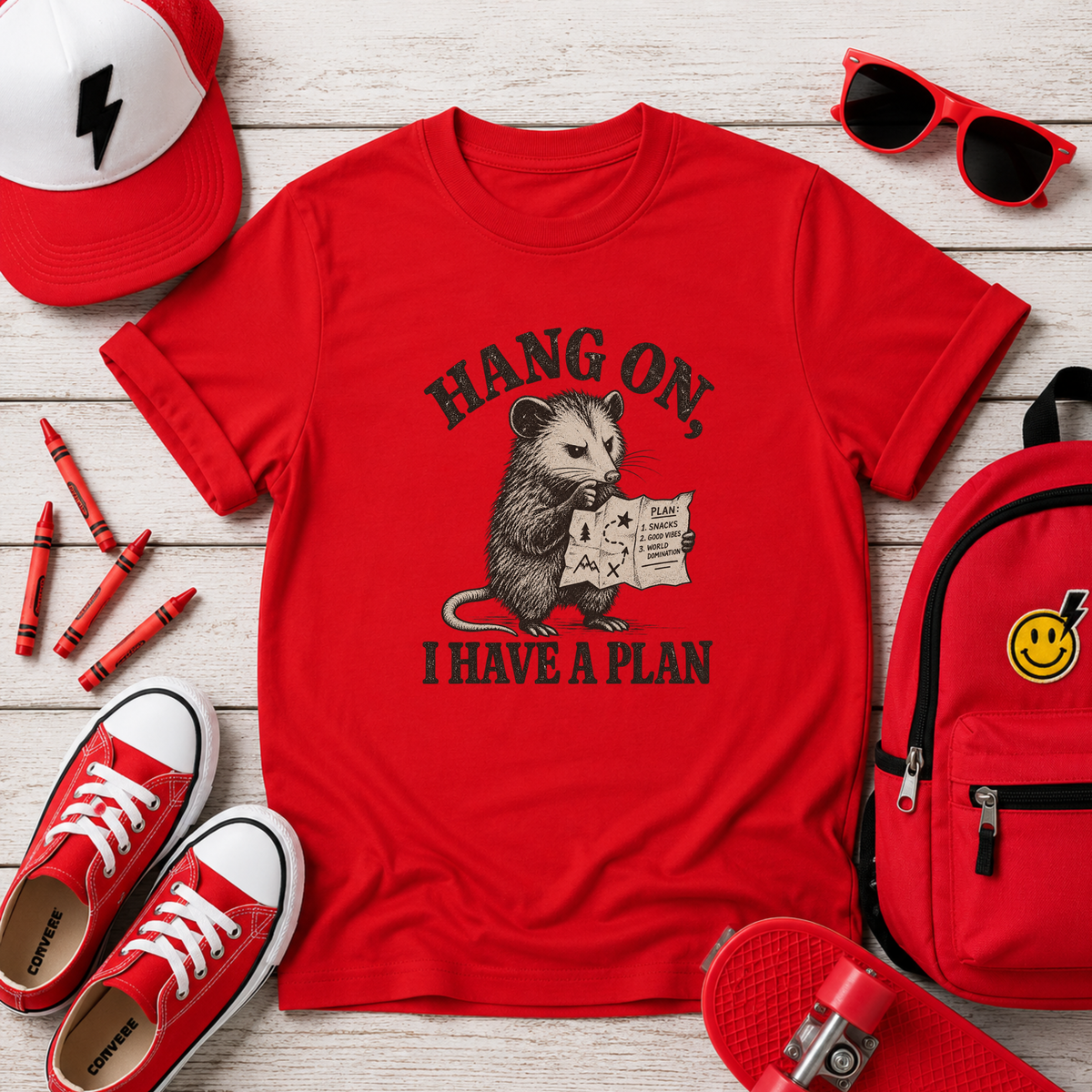 Kids Funny Graphic Vintage Opossum T-Shirt "Hang On I Have a Plan"