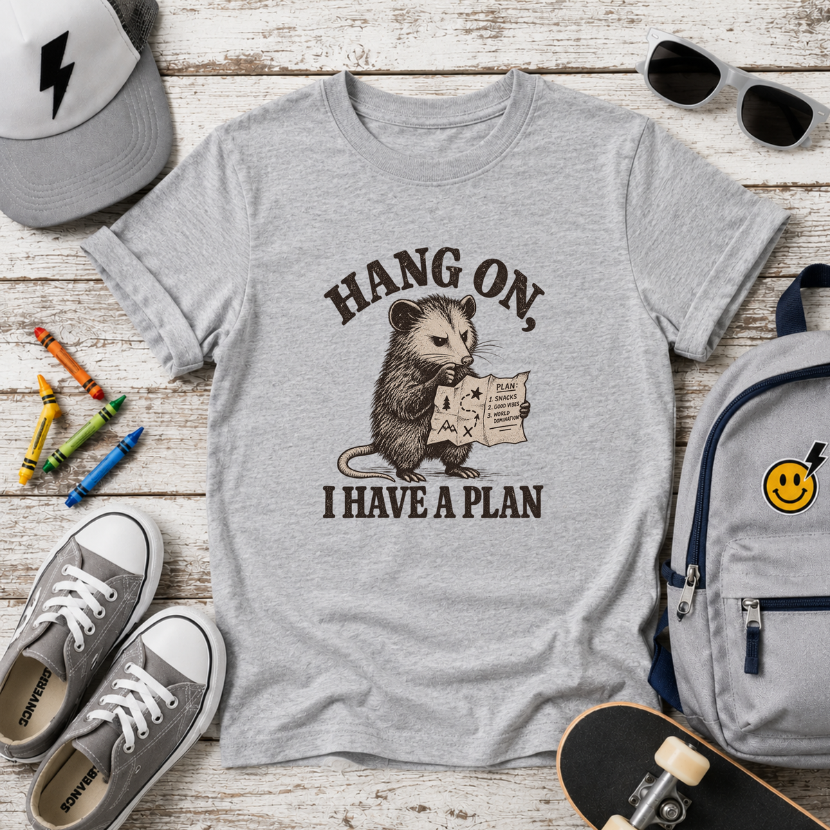 Kids Funny Graphic Vintage Opossum T-Shirt "Hang On I Have a Plan"