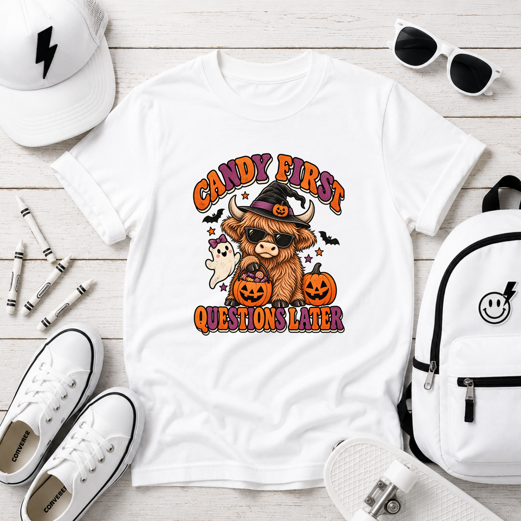 "Candy First, Question Later" Halloween Highland Cow Costume Graphic Shirt
