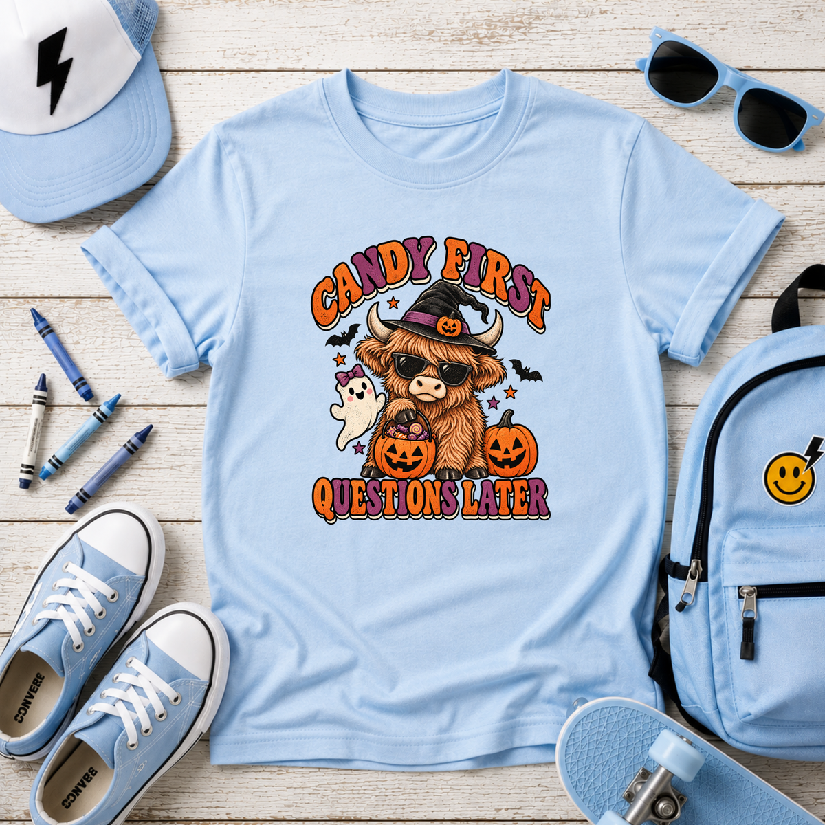 "Candy First, Question Later" Halloween Highland Cow Costume Graphic Shirt