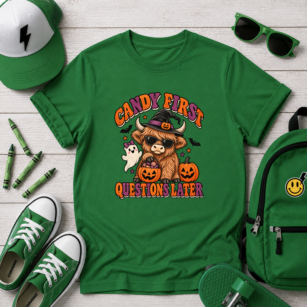 "Candy First, Question Later" Halloween Highland Cow Costume Graphic Shirt