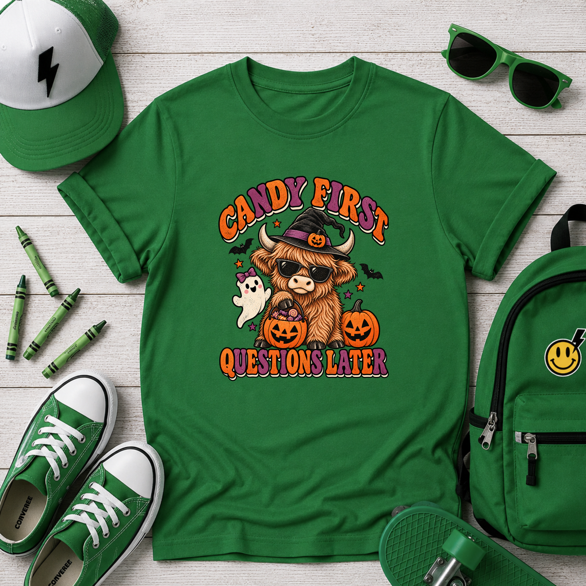 "Candy First, Question Later" Halloween Highland Cow Costume Graphic Shirt