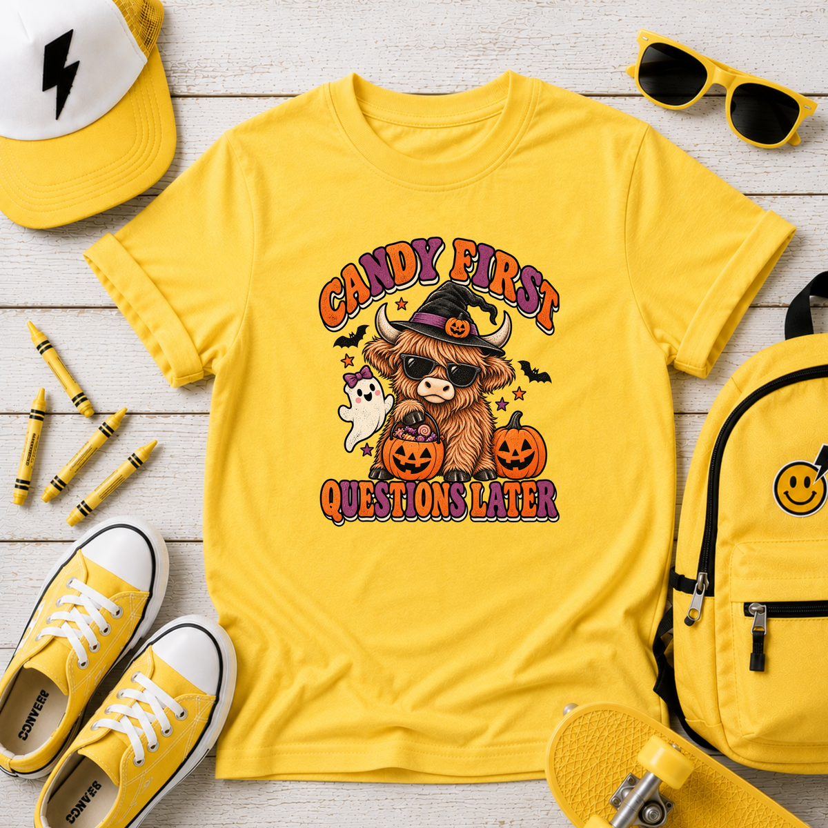"Candy First, Question Later" Halloween Highland Cow Costume Graphic Shirt