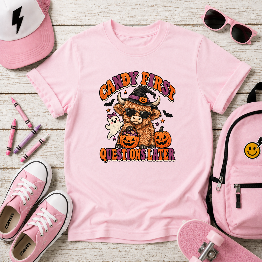 "Candy First, Question Later" Halloween Highland Cow Costume Graphic Shirt