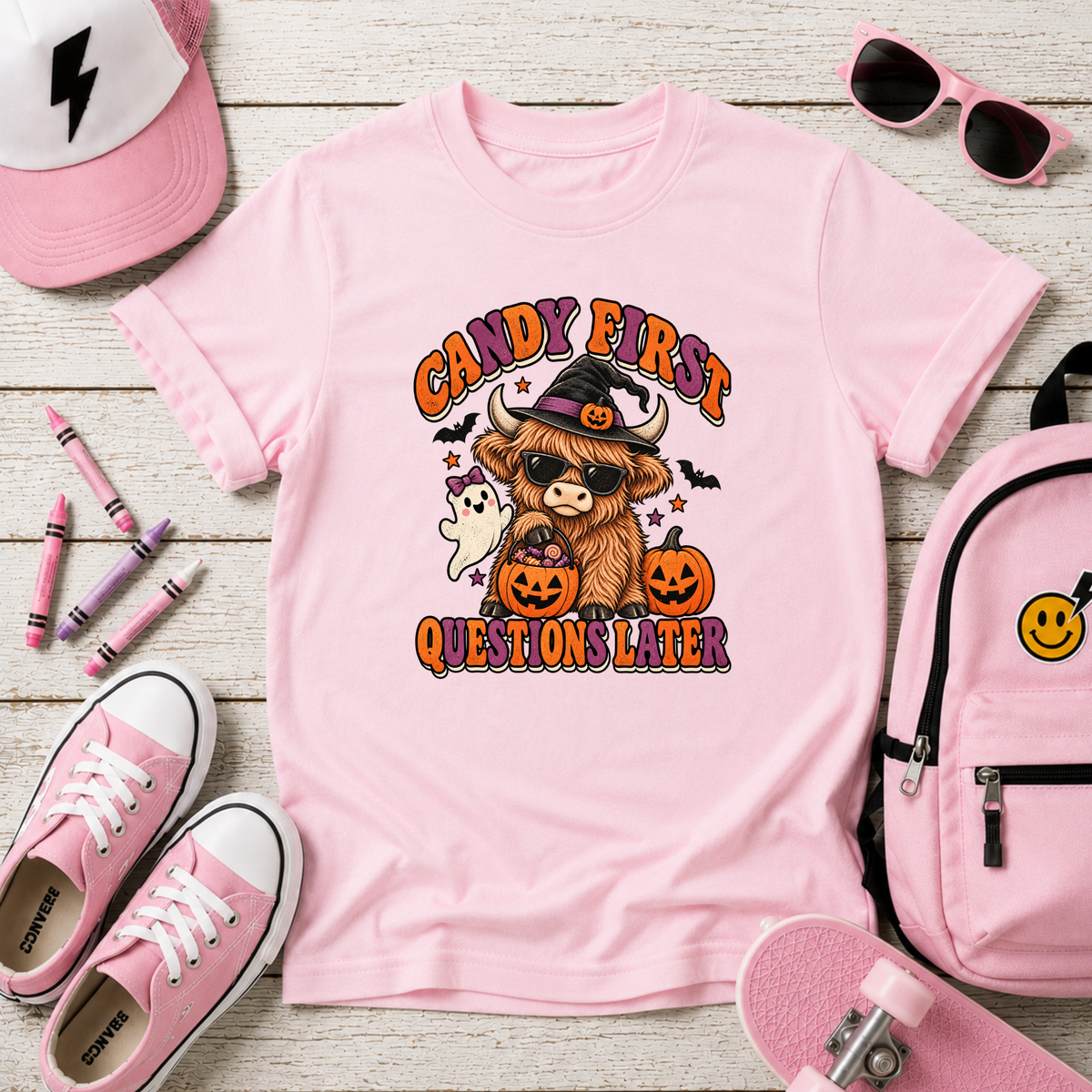 "Candy First, Question Later" Halloween Highland Cow Costume Graphic Shirt