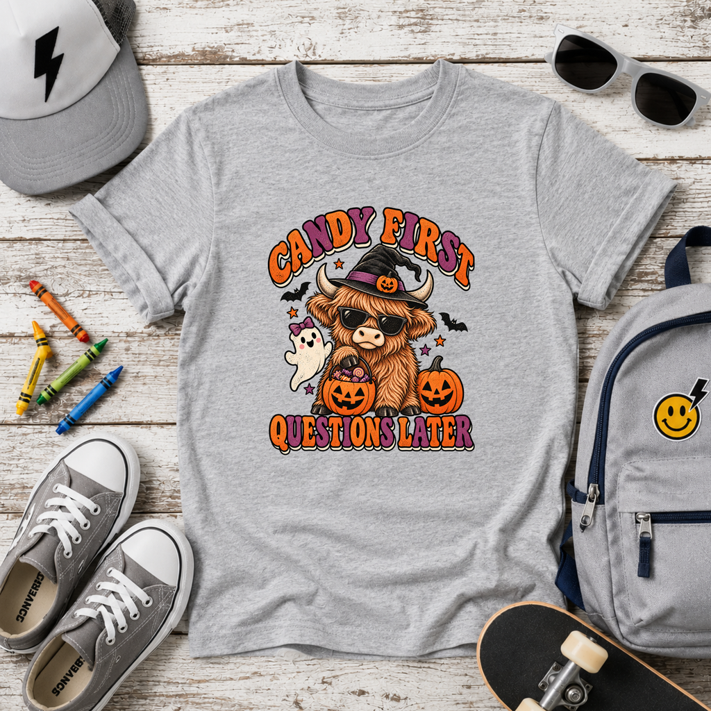"Candy First, Question Later" Halloween Highland Cow Costume Graphic Shirt