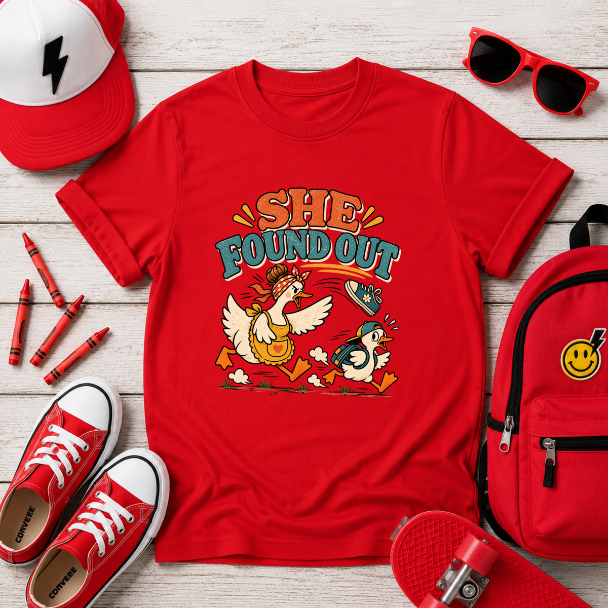 "She Found Out" Funny Goose Cartoon Shirt