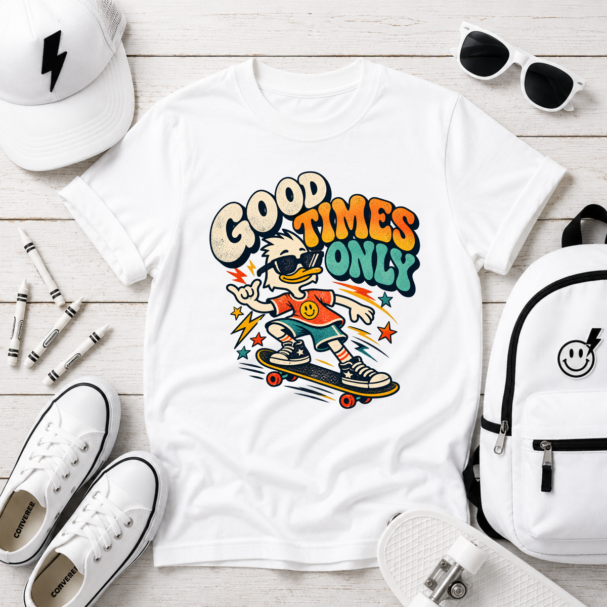 Kids Cute "Good Times Only" Retro Skateboard Graphic T-shirt