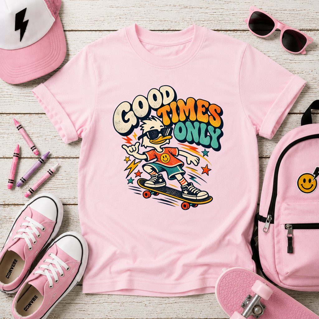 Kids Cute "Good Times Only" Retro Skateboard Graphic T-shirt