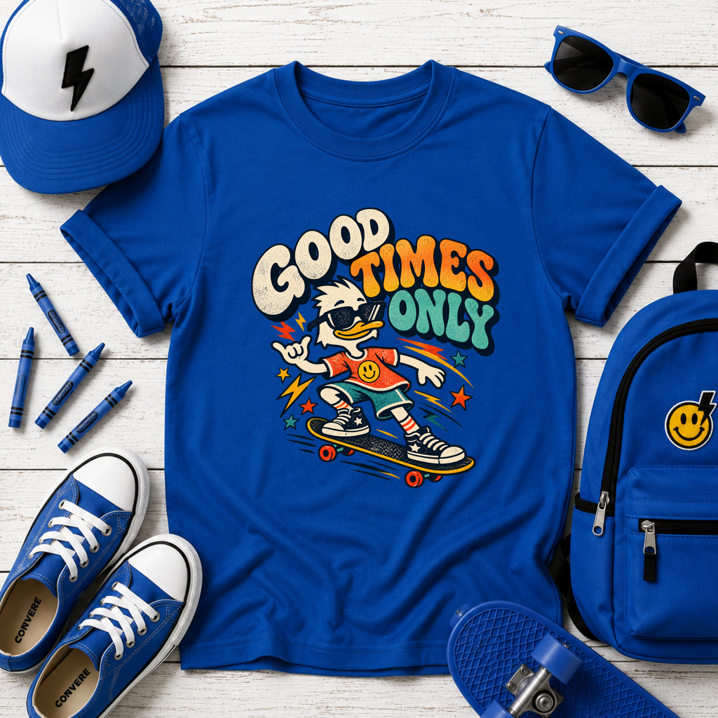 Kids Cute "Good Times Only" Retro Skateboard Graphic T-shirt