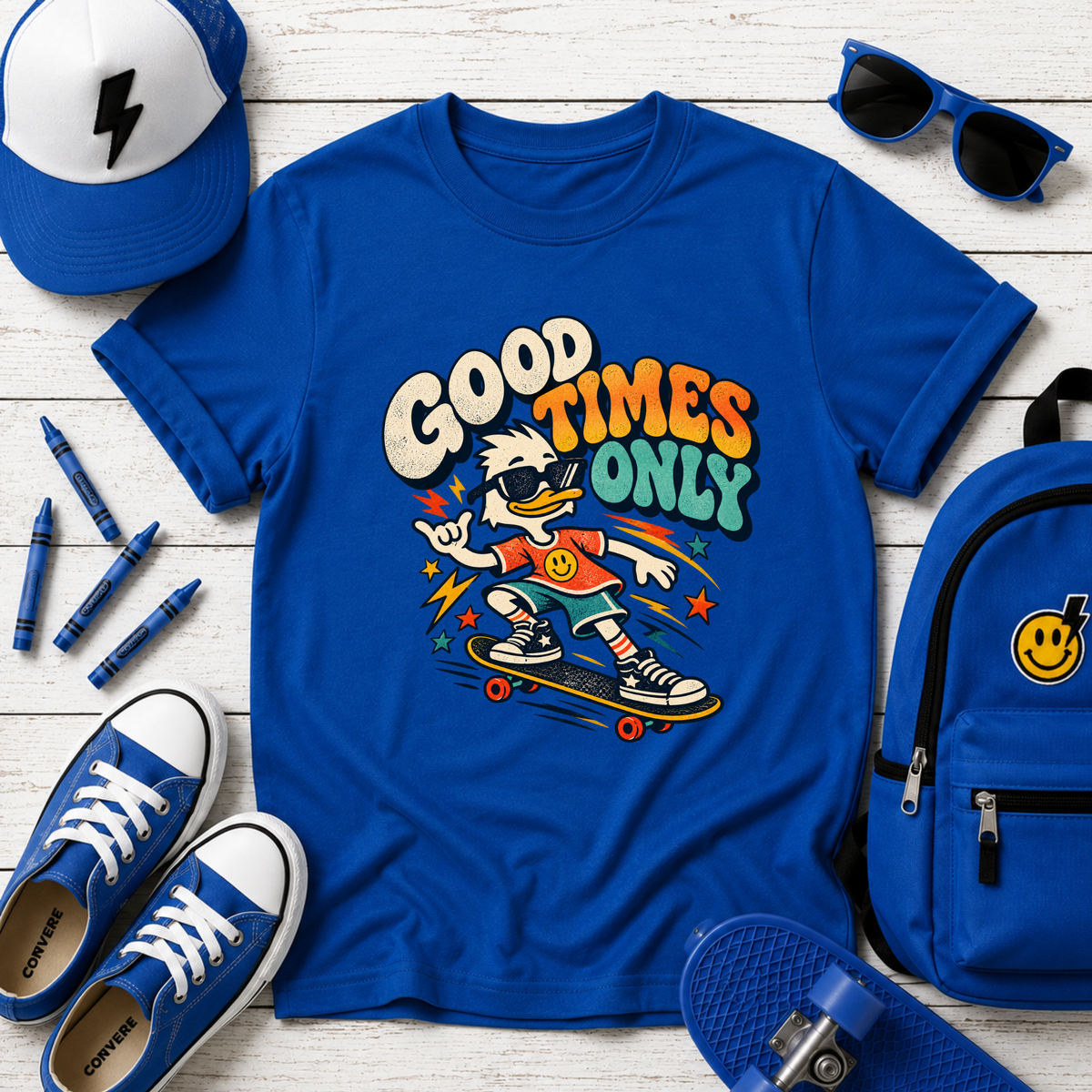 Kids Cute "Good Times Only" Retro Skateboard Graphic T-shirt