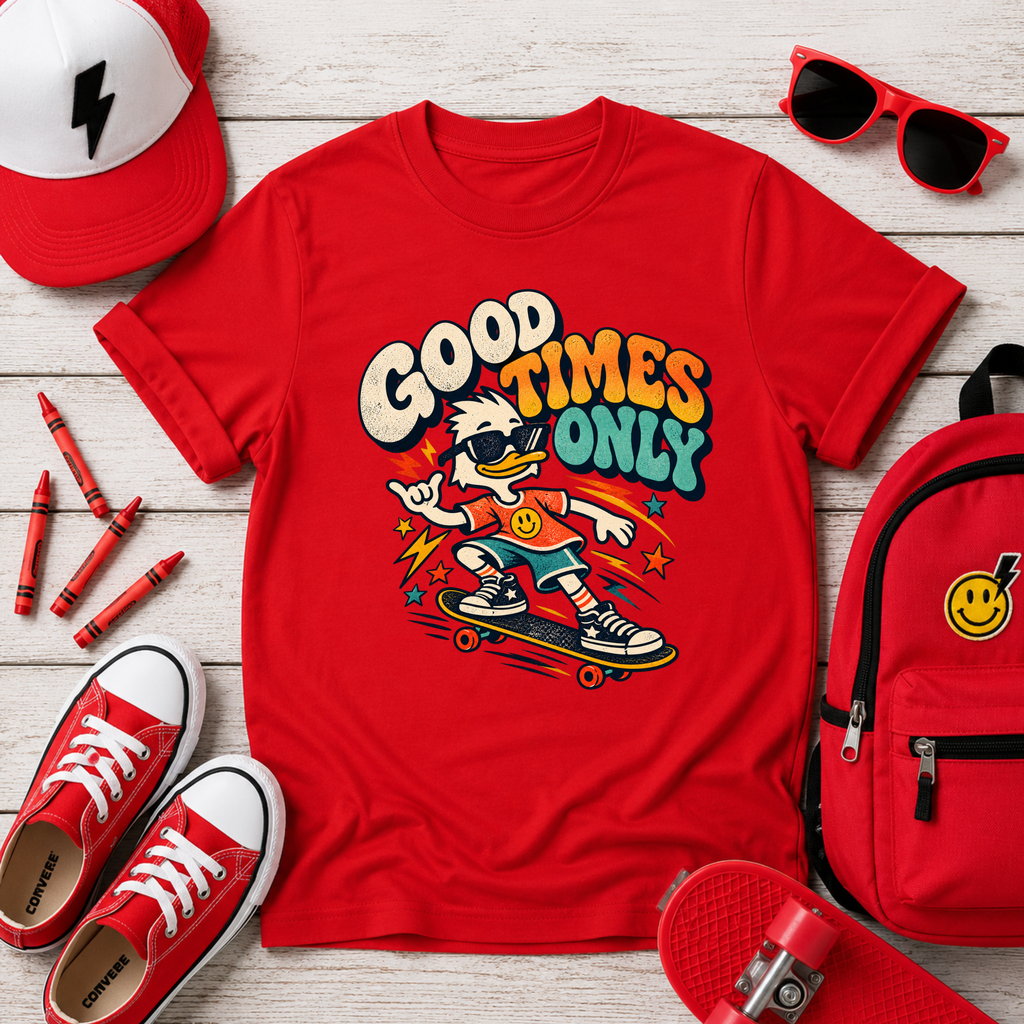 Kids Cute "Good Times Only" Retro Skateboard Graphic T-shirt