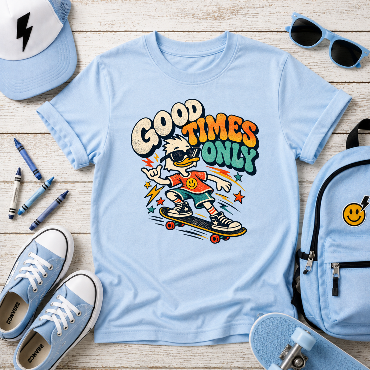Kids Cute "Good Times Only" Retro Skateboard Graphic T-shirt