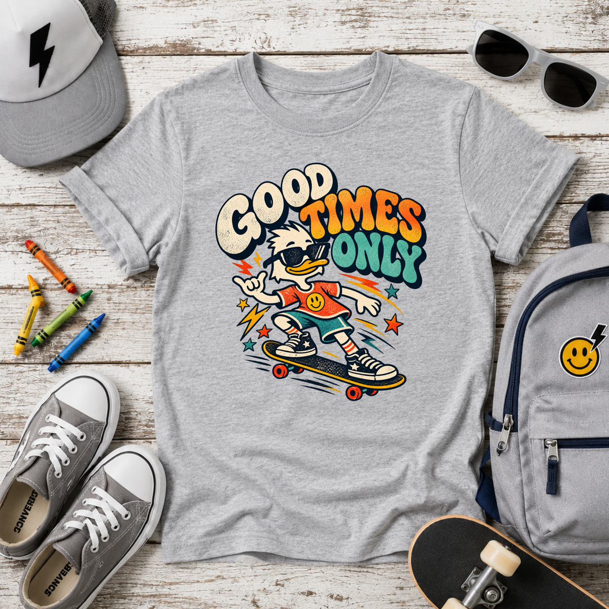 Kids Cute "Good Times Only" Retro Skateboard Graphic T-shirt