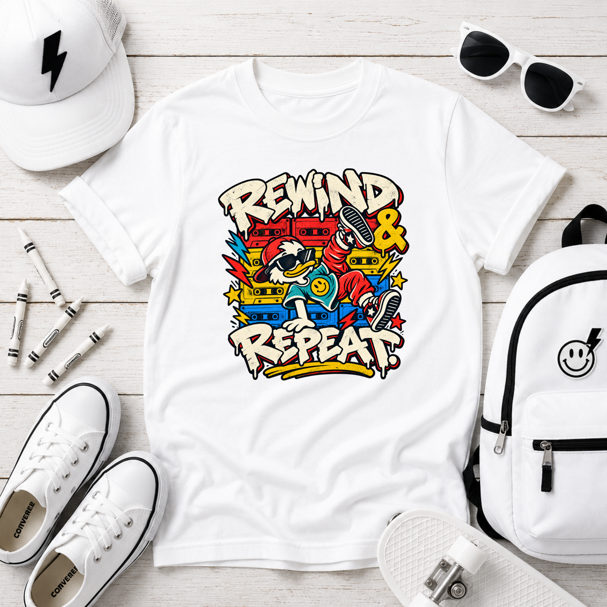 Kids "Rewind & Repeat" Retro Skate Graphic T-shirt