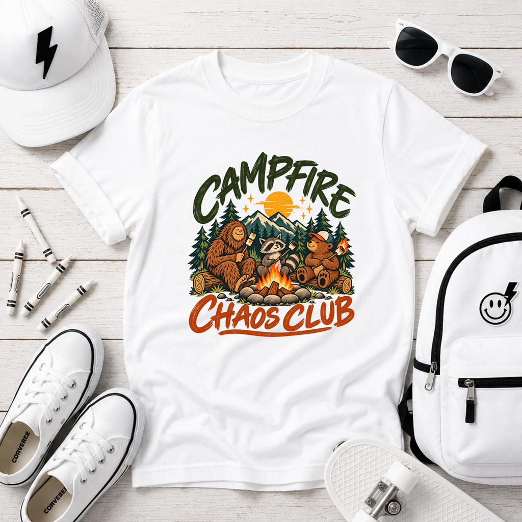 Kids Adventure "Campfire Chaos Club" Graphic Camping Shirt