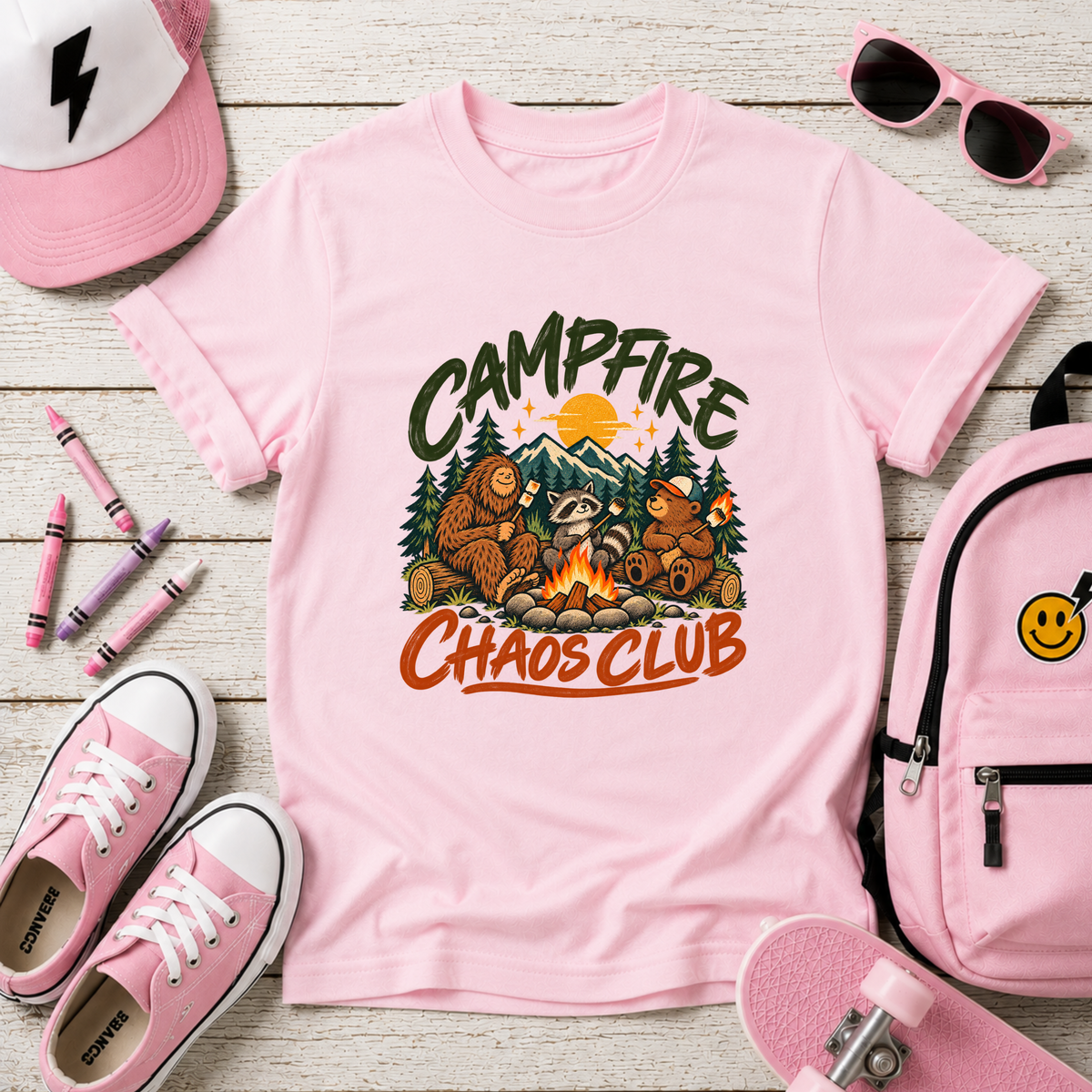 Kids Adventure "Campfire Chaos Club" Graphic Camping Shirt