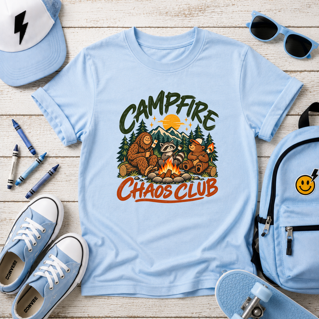 Kids Adventure "Campfire Chaos Club" Graphic Camping Shirt