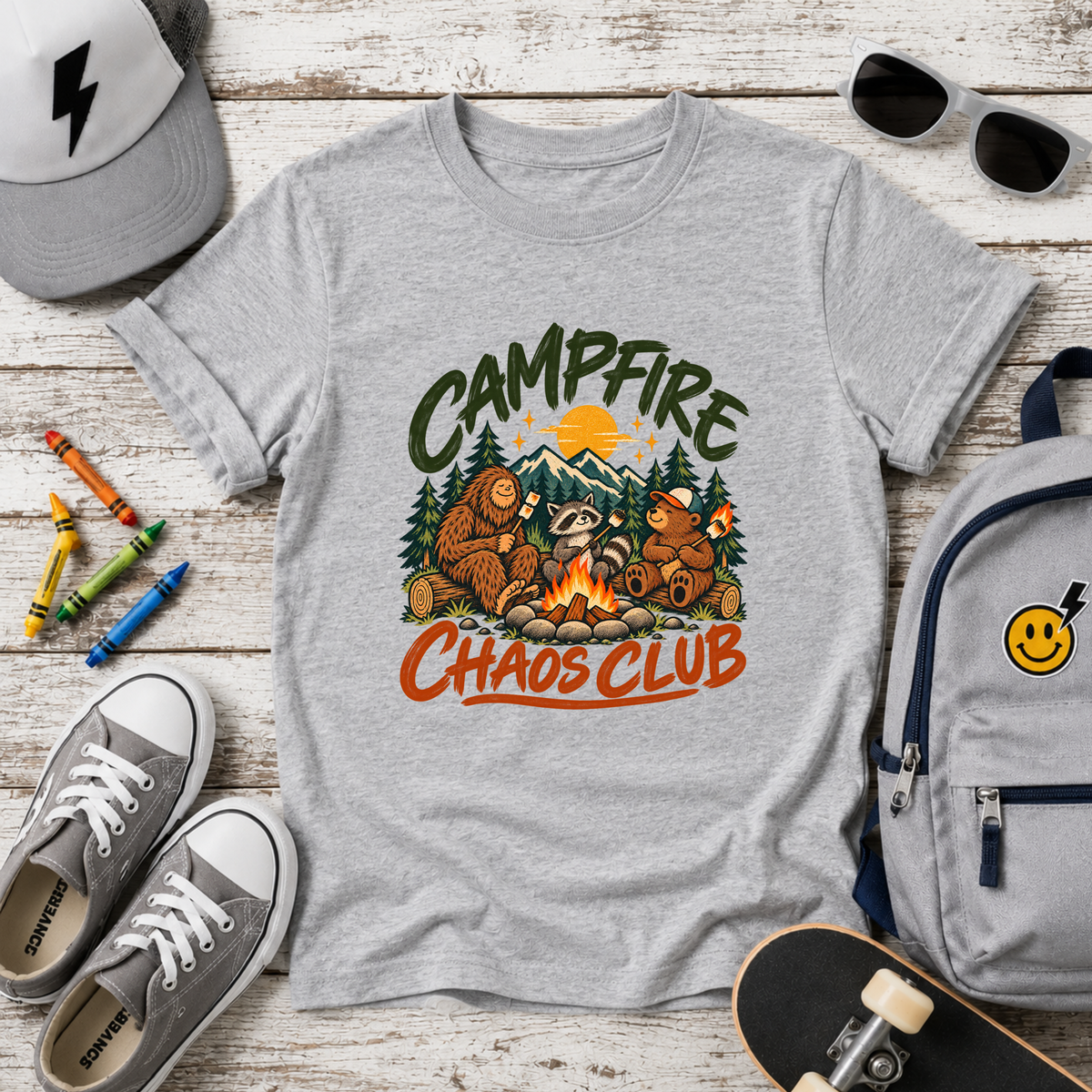 Kids Adventure "Campfire Chaos Club" Graphic Camping Shirt