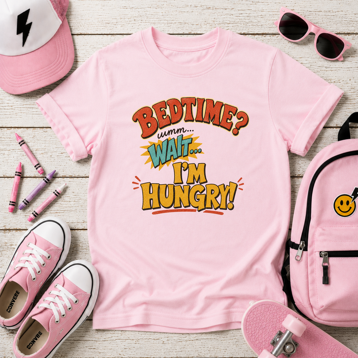Kids "Bedtime? Wait I'm Hungry!" Funny Graphic T-shirt