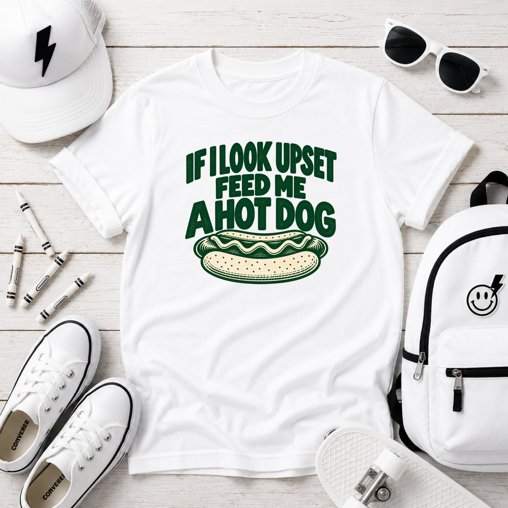 Kids “If I Look Upset Feed Me A Hot Dog” Funny Hot Dog Graphic T-shirt