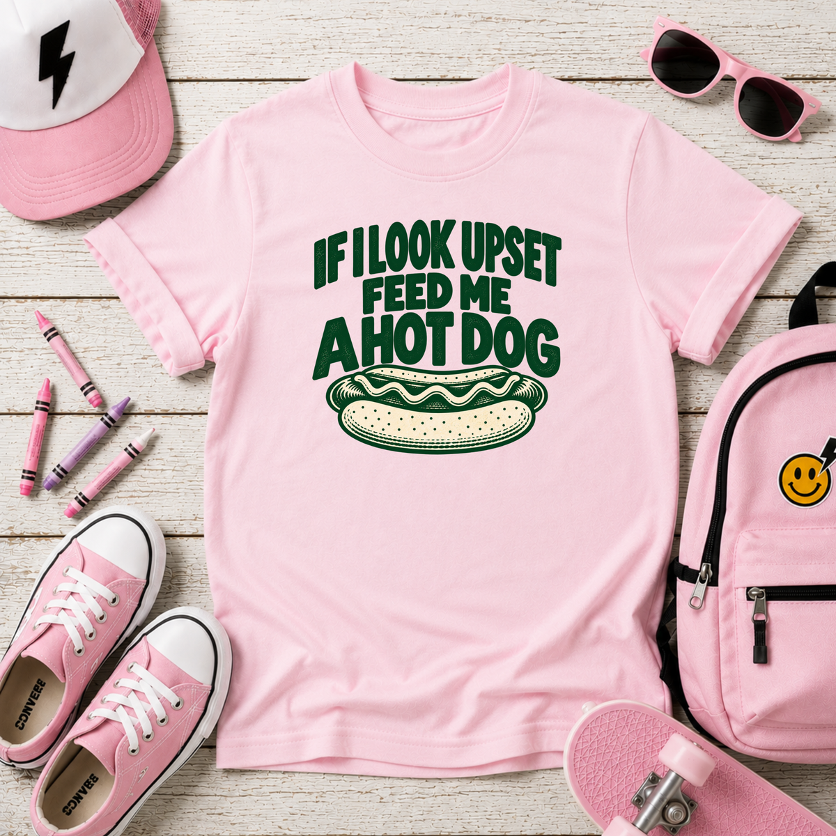 Kids “If I Look Upset Feed Me A Hot Dog” Funny Hot Dog Graphic T-shirt