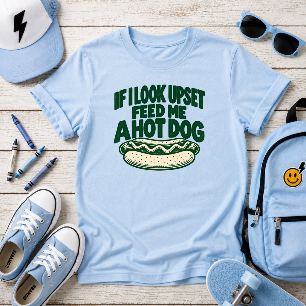 Kids “If I Look Upset Feed Me A Hot Dog” Funny Hot Dog Graphic T-shirt