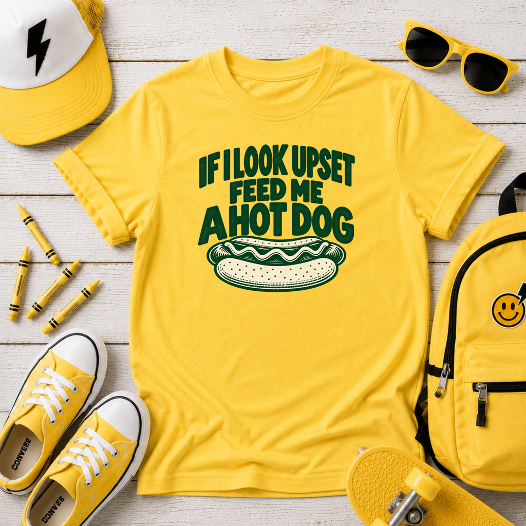 Kids “If I Look Upset Feed Me A Hot Dog” Funny Hot Dog Graphic T-shirt