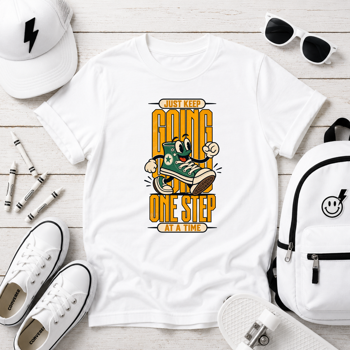 Kids "Just Keep Going One Step at a Time" Motivational Sneaker Graphic T-shirt