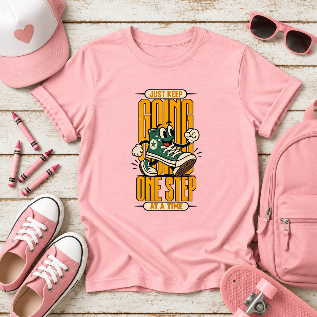 Kids "Just Keep Going One Step at a Time" Motivational Sneaker Graphic T-shirt