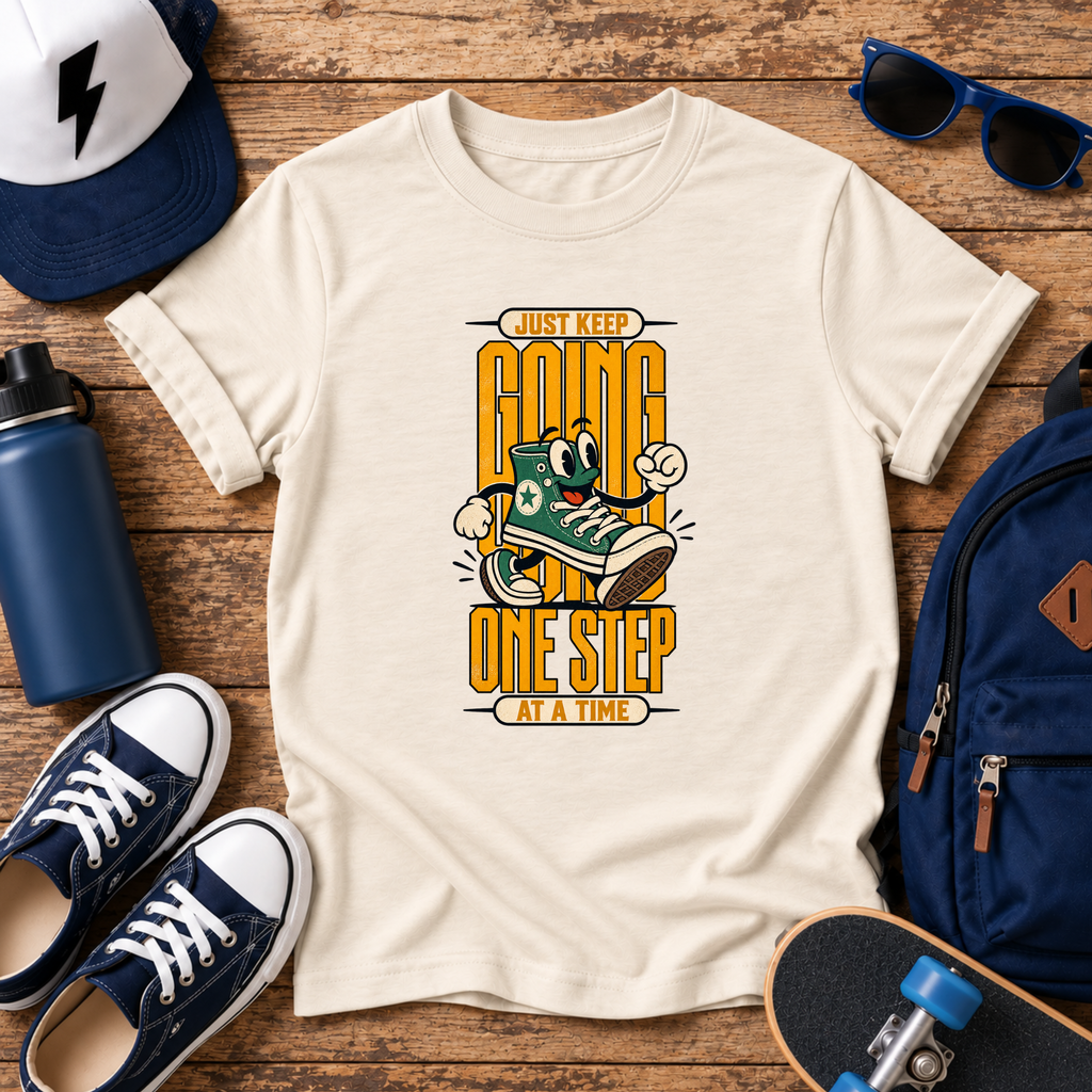 Kids "Just Keep Going One Step at a Time" Motivational Sneaker Graphic T-shirt