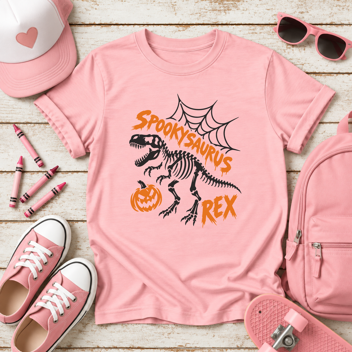 Kids "Spookysaurus Rex" Halloween Dinosaur Skeleton T‑Shirt
