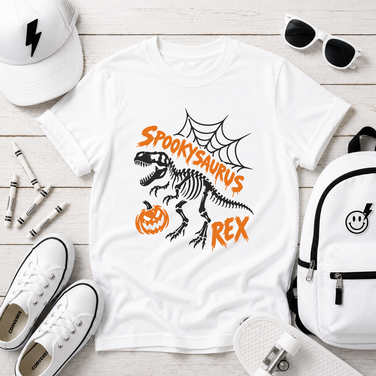 Kids "Spookysaurus Rex" Halloween Dinosaur Skeleton T‑Shirt