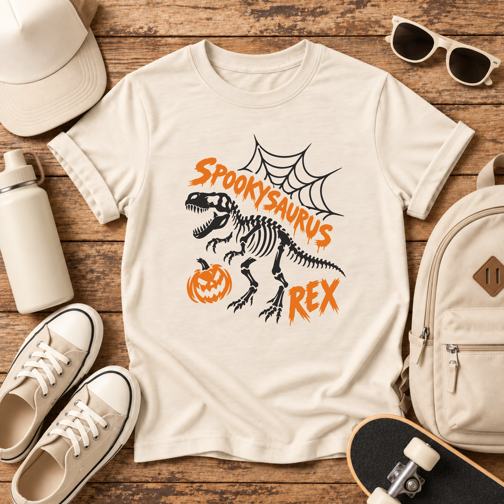 Kids "Spookysaurus Rex" Halloween Dinosaur Skeleton T‑Shirt