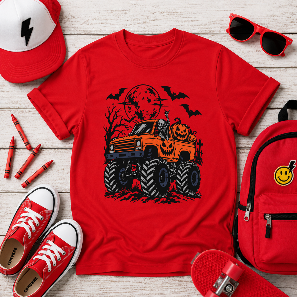 Kids Halloween Monster Truck Tee Pumpkin Truck with Bats & Full Moon