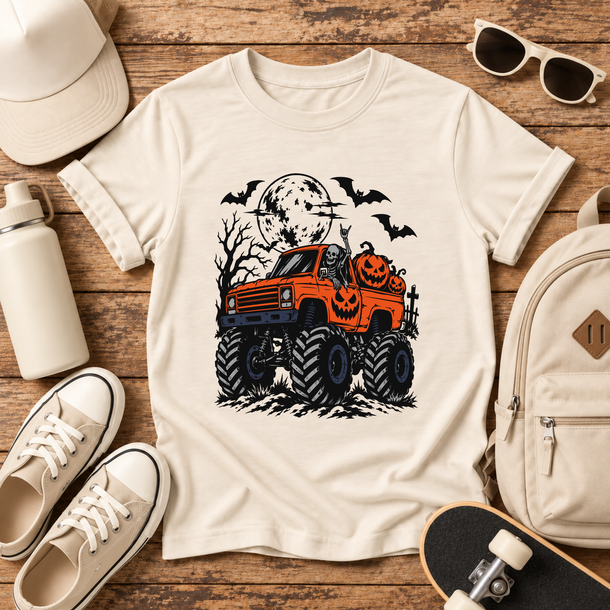 Kids Halloween Monster Truck Tee Pumpkin Truck with Bats & Full Moon