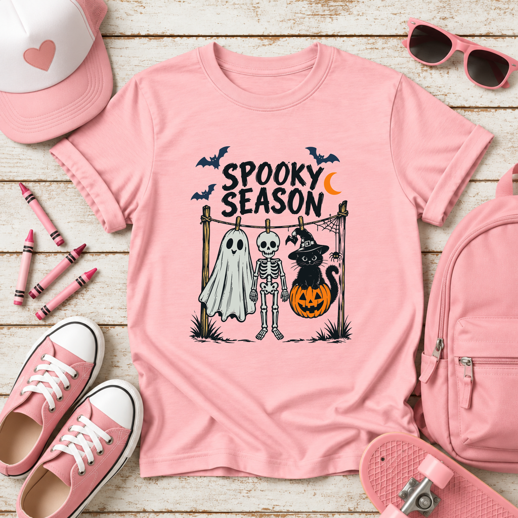 "Spooky Season" Halloween Ghost, Skeleton & Cat Kids Shirt