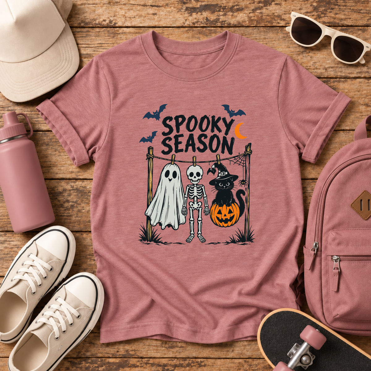 "Spooky Season" Halloween Ghost, Skeleton & Cat Kids Shirt