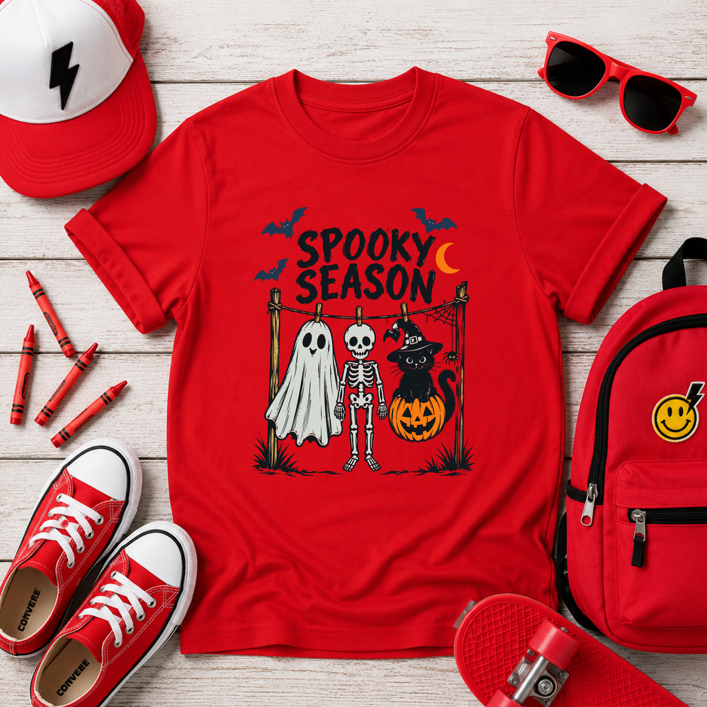 "Spooky Season" Halloween Ghost, Skeleton & Cat Kids Shirt