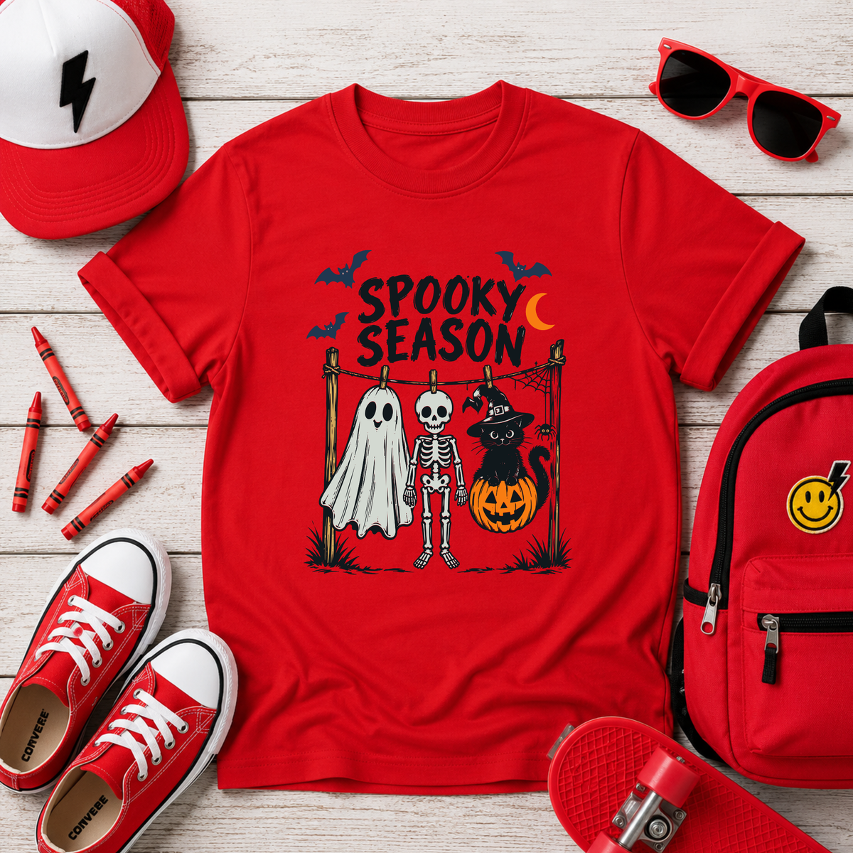 "Spooky Season" Halloween Ghost, Skeleton & Cat Kids Shirt