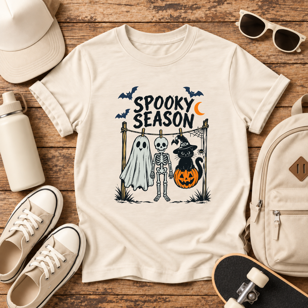 "Spooky Season" Halloween Ghost, Skeleton & Cat Kids Shirt