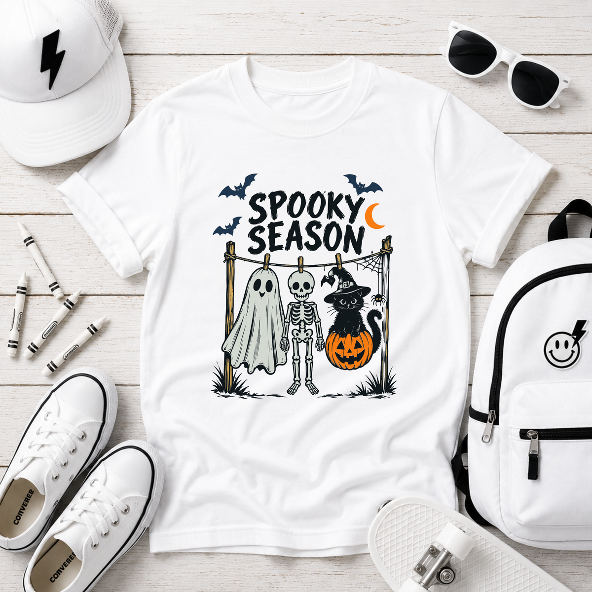 "Spooky Season" Halloween Ghost, Skeleton & Cat Kids Shirt