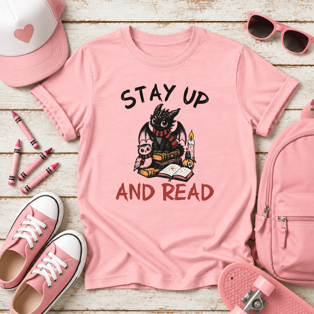 "Stay Up and Read" Cute Owl Reading Graphic Shirt for Kids