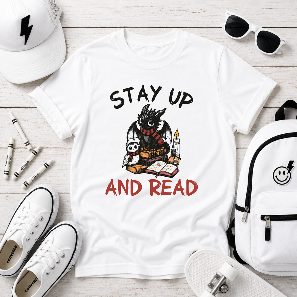"Stay Up and Read" Cute Owl Reading Graphic Shirt for Kids